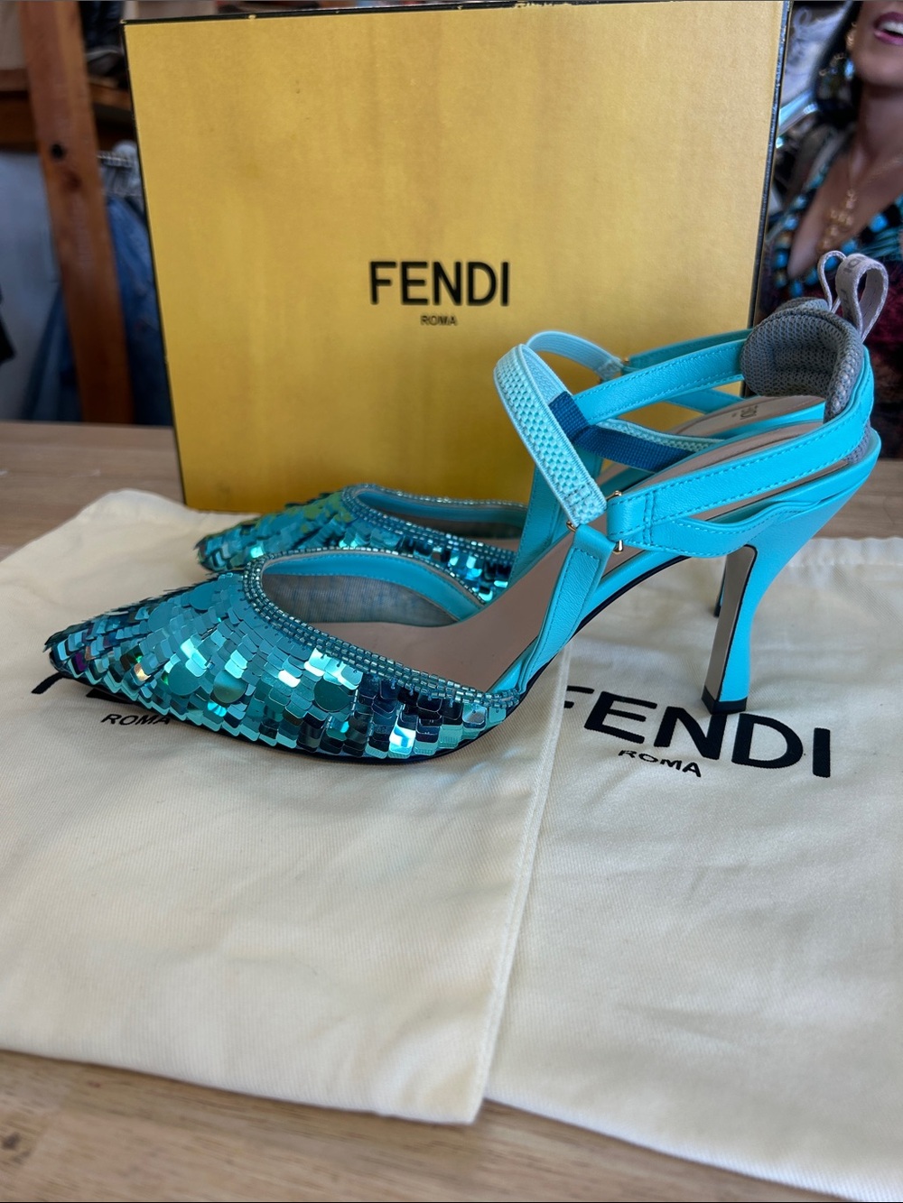 Fendi Turquoise Sequin Slingback Pointed-Toe Heels size 41 US 10 - Picture 4 of 6